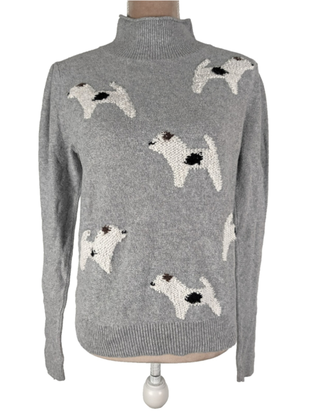 LOFT Gray Terrier Dog Knit Sweater Sz M Mock Neck Puff Sleeve Jack Russell